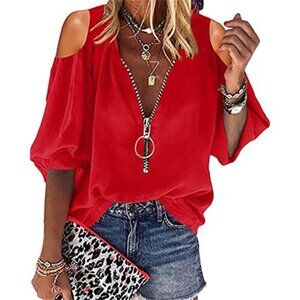 V Neck Lantern Sleeve Blouse Zipper Front Loose Casual Women Top Shirt Red